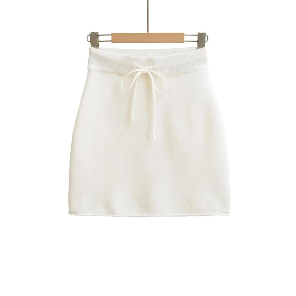 2025 Autumn/Winter High-Waisted Knit Ribbed Bodycon A-Line Skirt with Tie-Up Detail