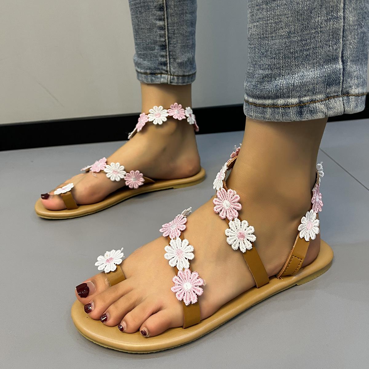 

Женская обувь 2025 Лето Отдых Ветер Рим Этнические Цветы Пляжные Сандалии Плоские Большие Размеры 43