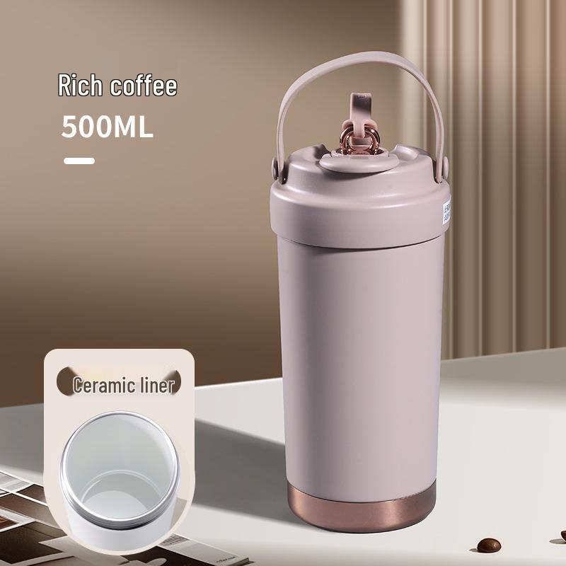 Premium Ceramic Coffee Cup with Straw - Insulated Double Wall Design for Men & Women, Cold/Heat Retention, Engraved Handle.