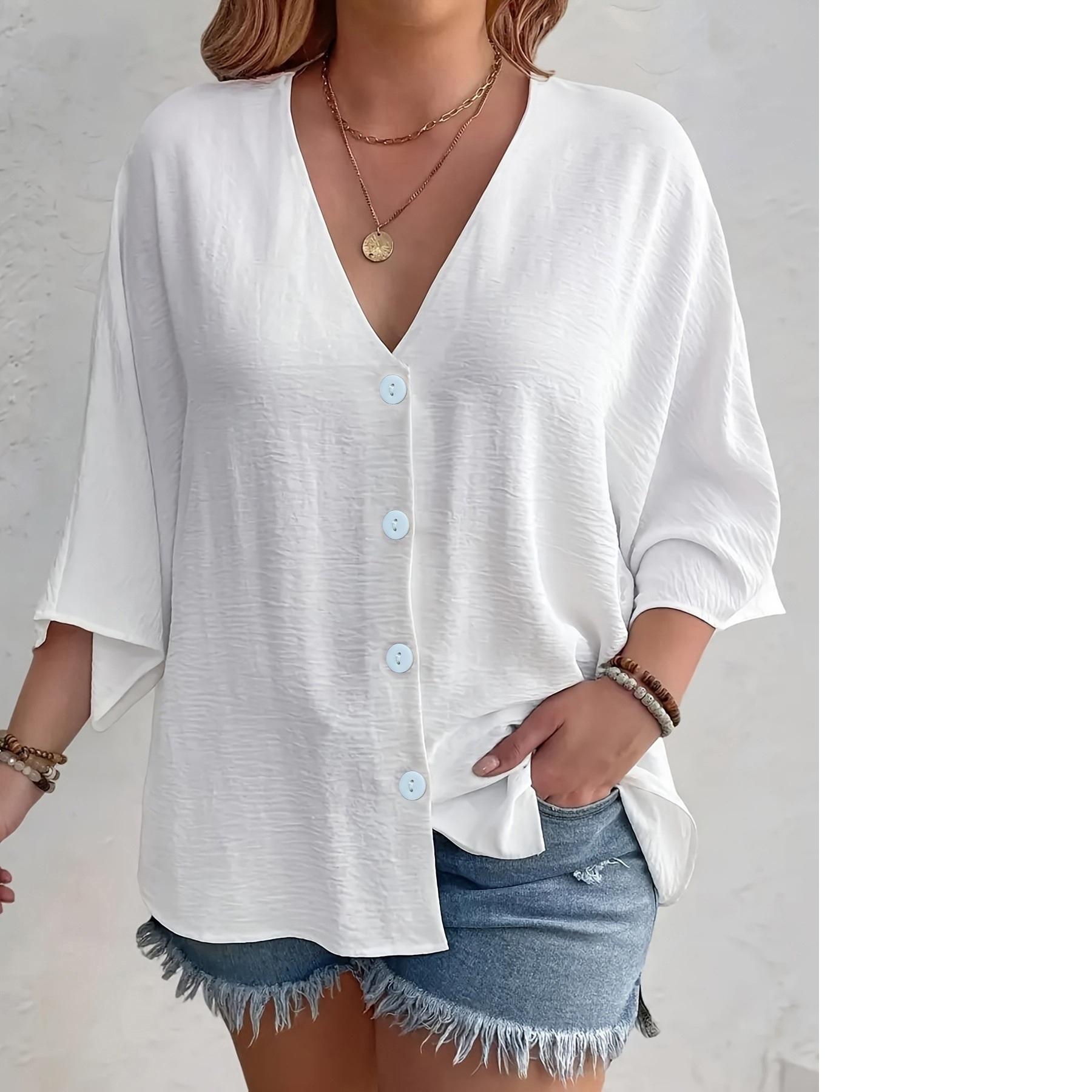 

Модные Женские Топы Больших Размеров Свободная Футболка с V-образным вырезом и длинным рукавом Весна Лето Элегантная Однотонная Повседневная Блузка S белый