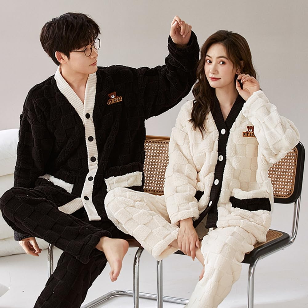 Matching Fluffy Loungewear Set for Winter Perfect as a Plus Sizes Cute D.IIZOO Pajamas, Couples, Open-Front Loungewear, Gift, Available, (L, Black)