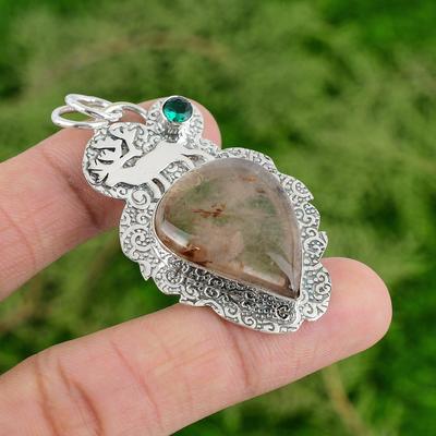 Pear Crystal Quartz Gemstone Chrome Diopside Sterling Silver Boho Bezel Pendant