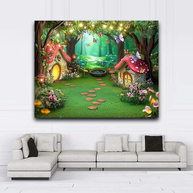 2D Whimsical Green Forest Mushroom Cottage Backdrop for Children Photoshoot