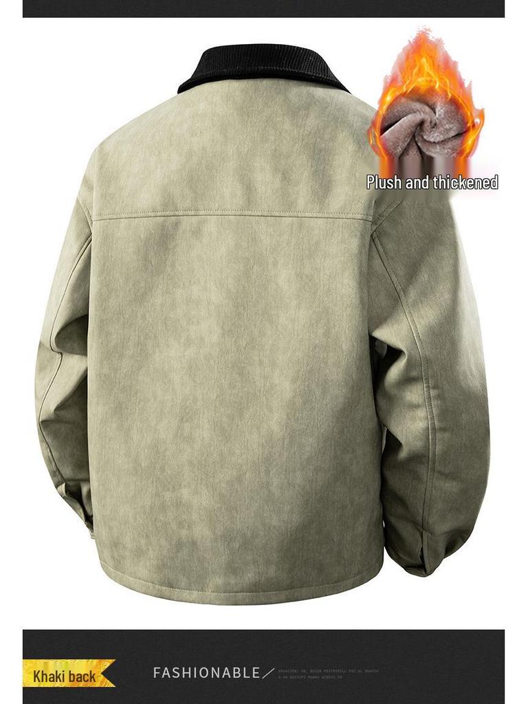 Di Yu Shen Long Men's Trendy Winter Loose Color Block Fleece-Lined Leather Jacket