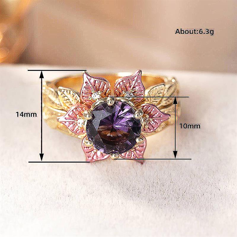 Huitan Two Tone Women Ring Flower Design Luxury Wedding Inlaid Sparkling Purple CZ Party Accessories Fashion Lady Jewelry Gift