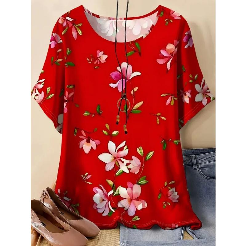 Fashion Women's Crew Neck Short Sleeve 3D Flower Color Printing Flower Short Sleeve Crew Neck T-Shirt