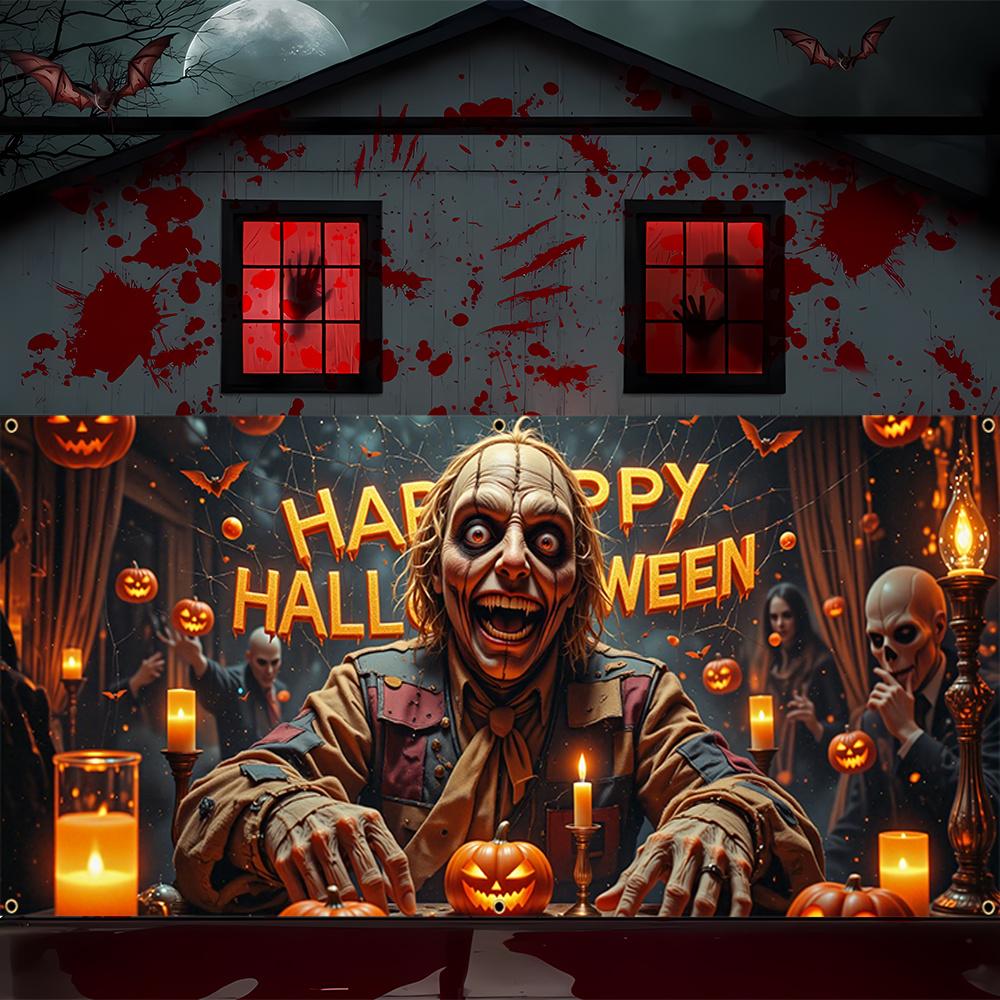 2D Halloween Zombie Garage Banner, Polyester, Happy Halloween Candle Design, Suitable for Halloween Parties