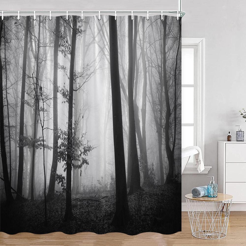 Misty Pine Forest Shower Curtains Rustic Nature Forest Green Pine Trees Fantasy Woodland Bath Curtain Modern Home Decor for Bath