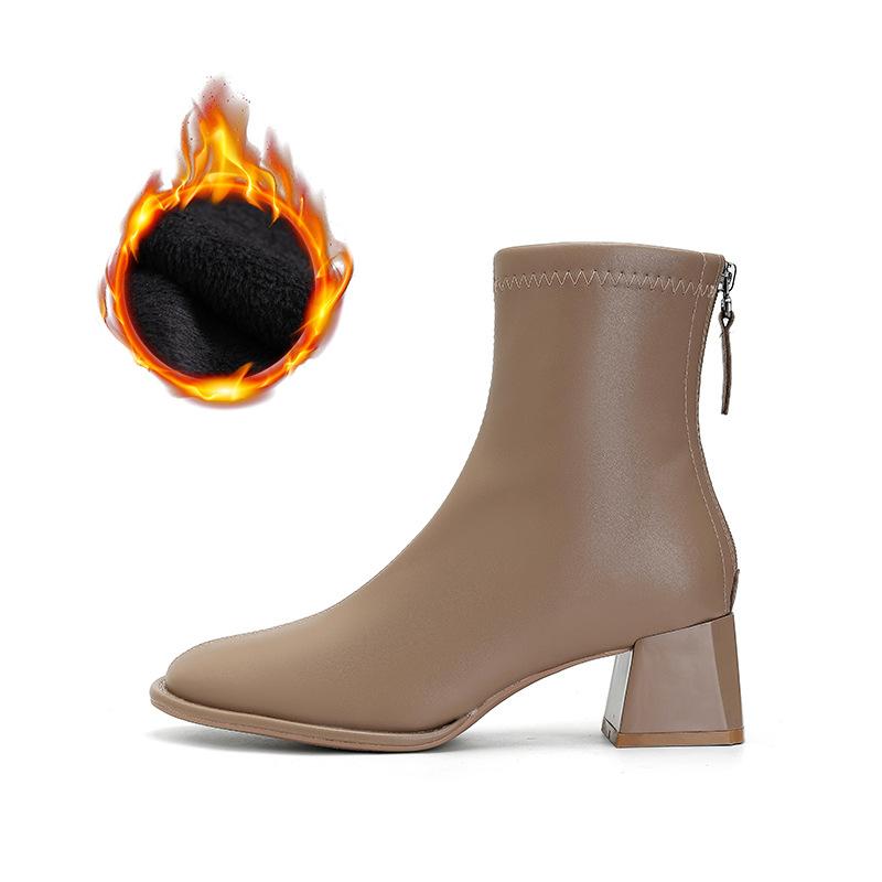 Schmale Damenstiefel mit dicker Sohle und vielseitigem quadratischem Zehenbereich für den Weg zur Arbeit und Reißverschluss hinten, Kurzstiefel für Damen