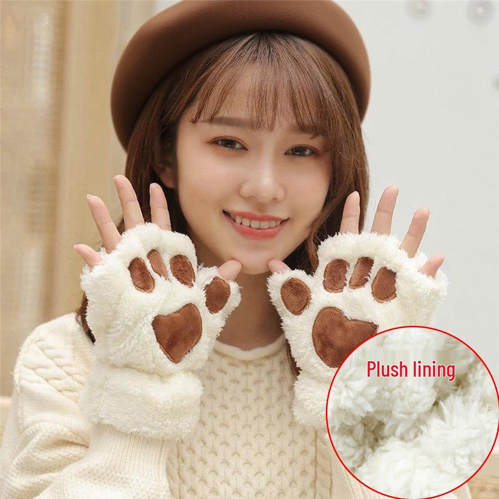 Cute Cartoon Bear and Cat Paw Plush Gloves for Girls - Warm, Thick Winter Riding Gloves with Neck Strap.