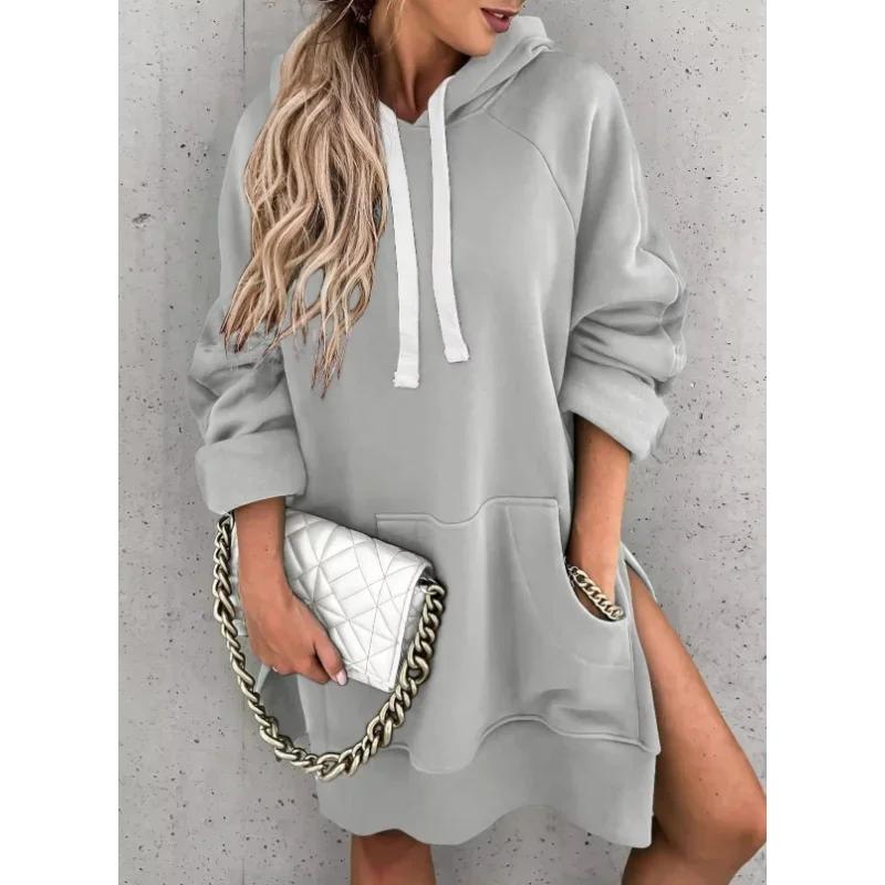 New European American Autumn and Winter Style Women's Solid Color Casual Versatile Hooded Slit Top Mid-length Plush Sweatshirt