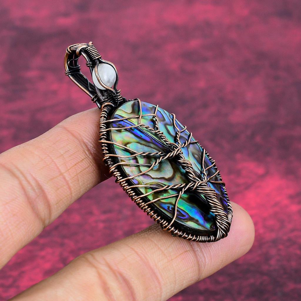 Tree Of Life Abalone Shell Pendant Copper Wire Wrapped Rainbow Moonstone Jewelry