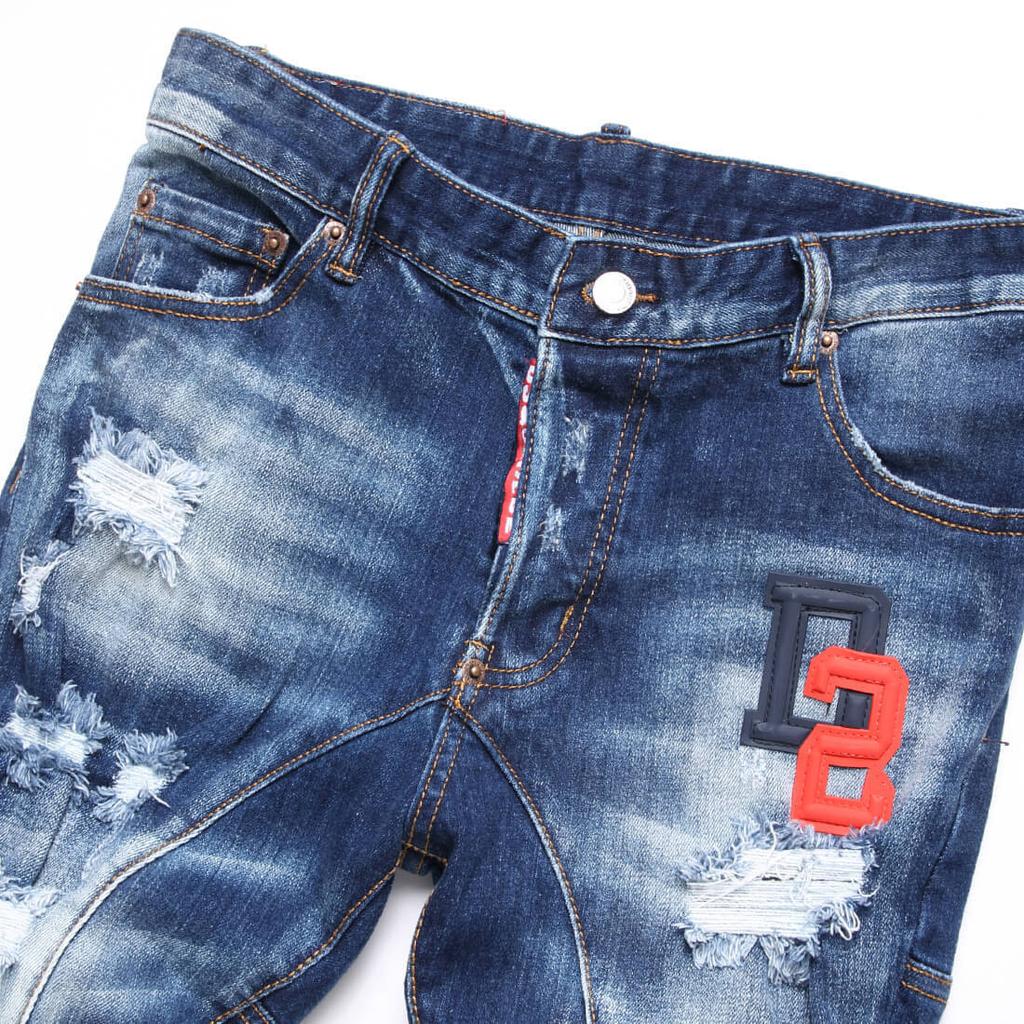 Denim Embroidered Patch Embossed Elastic Slim-fit Shorts Mens Jeans Straight Leg D4009