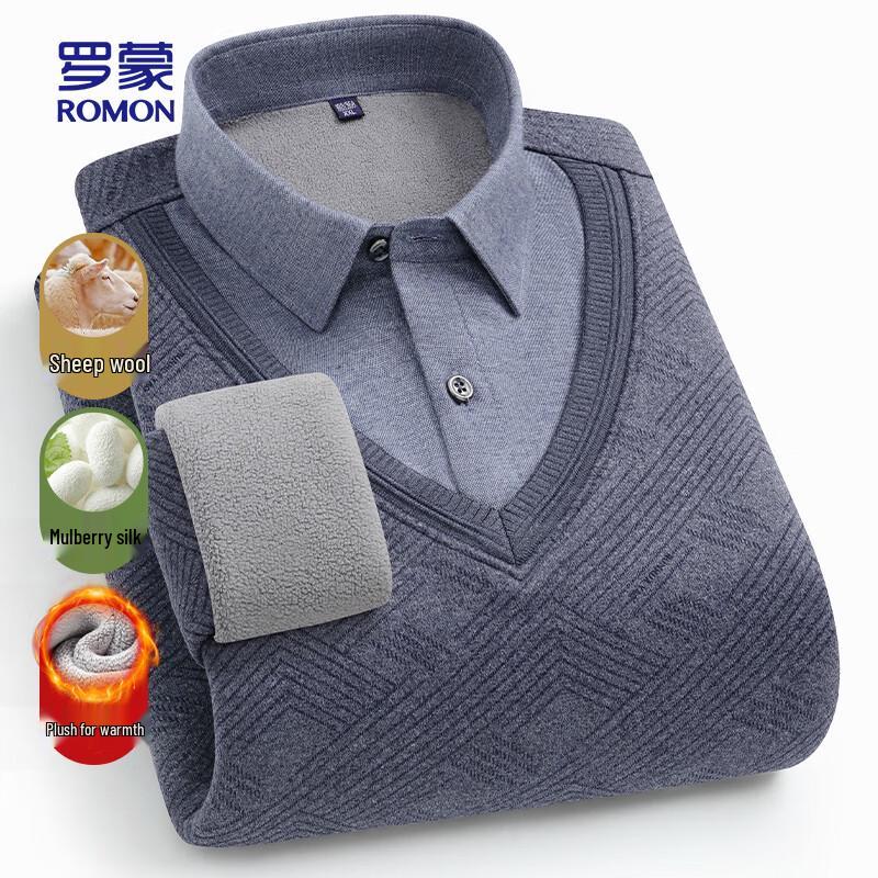 ROMON Men's Fleece-Lined Wool Blend Knit Shirt Collar Sweater