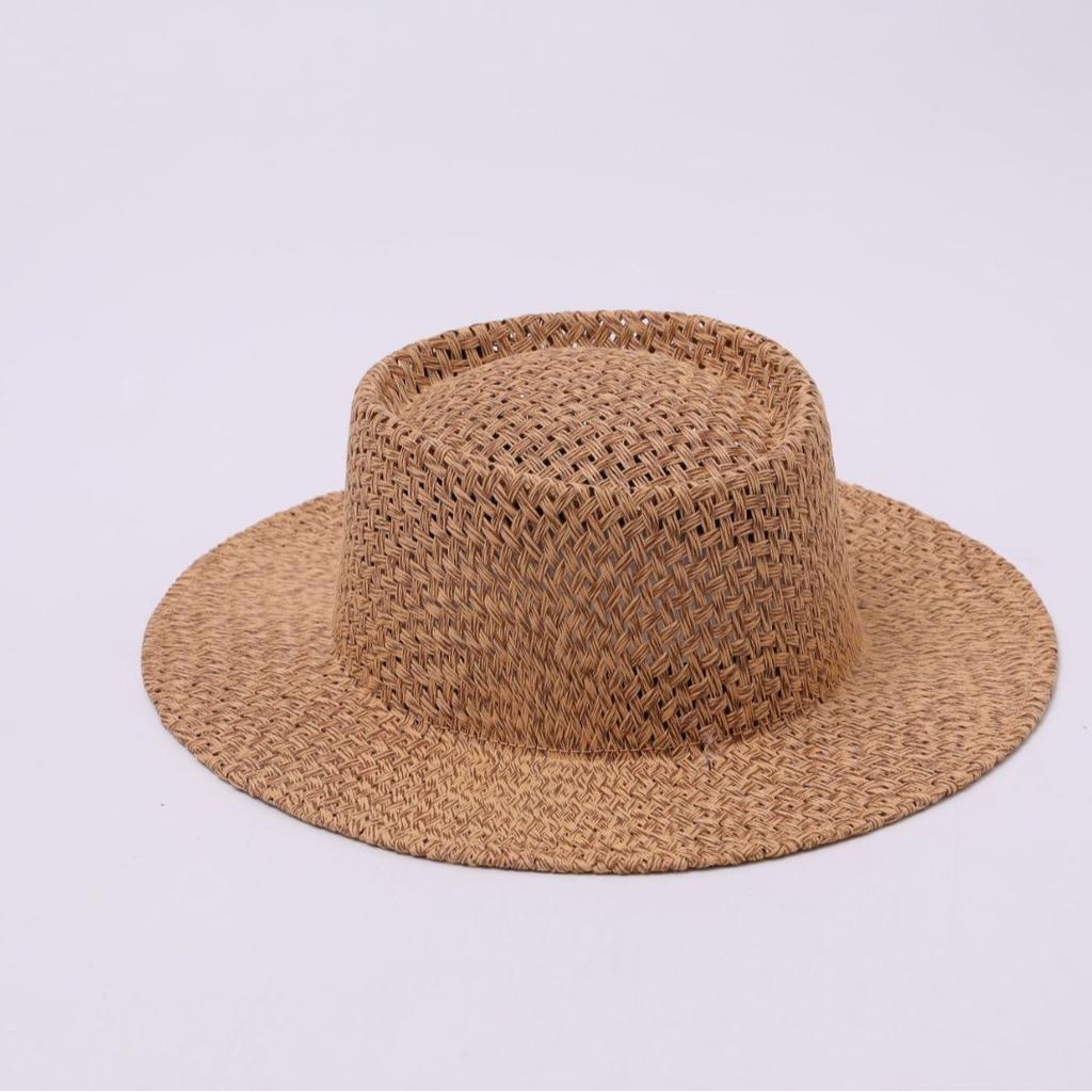 Summer Hand-woven Hollow Breathable Versatile Flat-top Straw Hat Camping Travel Sunscreen Beach Shade Flat-top Hat