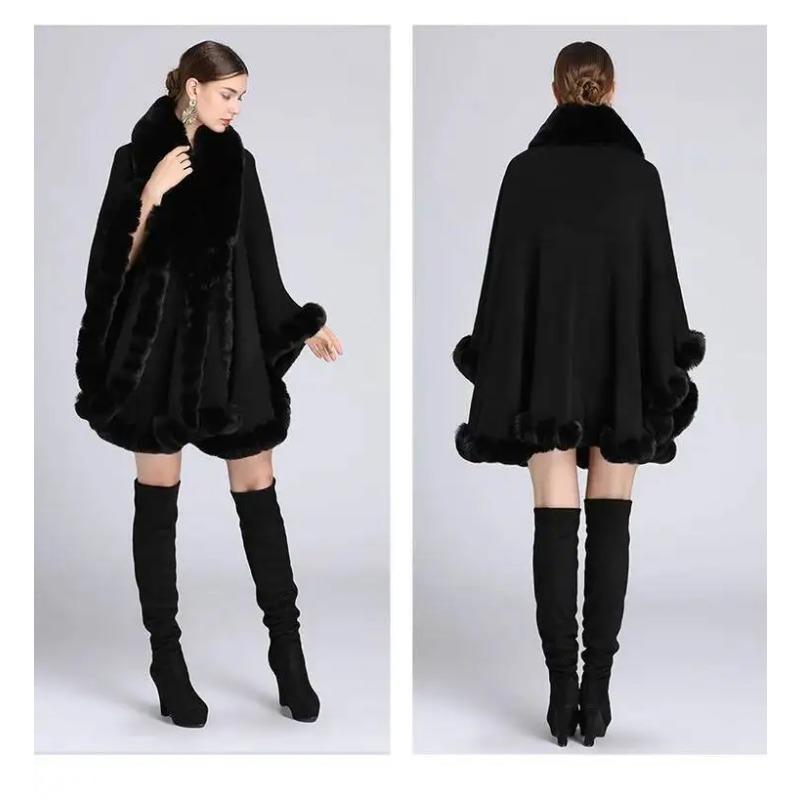 Cape en Fourrure Femme Vêtements d'Hiver Ponchos Épais et Chauds Châle Shawl Manteau Cardigan Longs Amples Manteaux