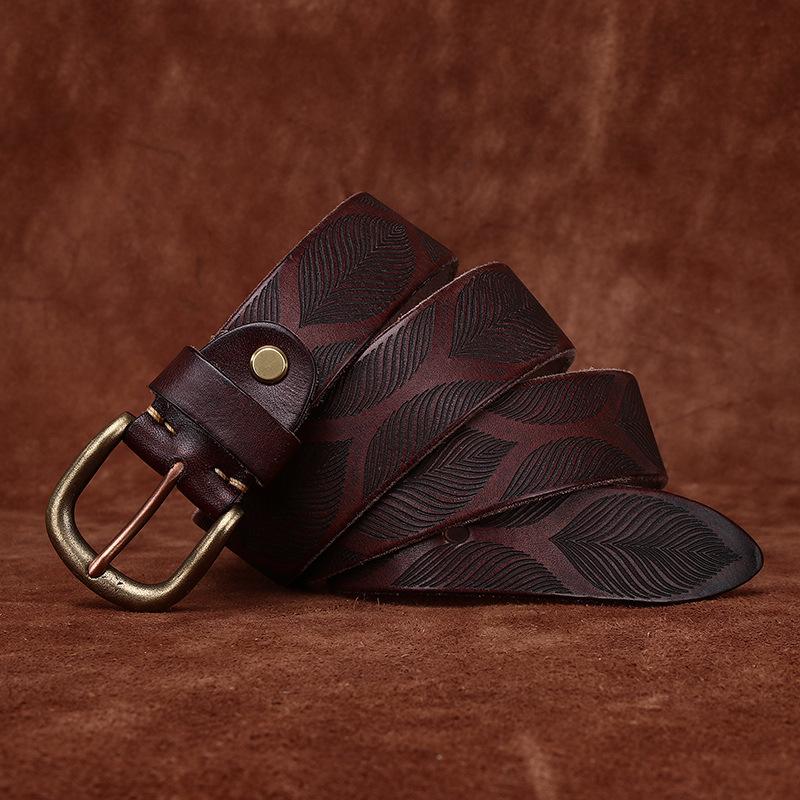 3.8Cm Wide Washed Retro Personalized Embossed Vegetable Tanned Belt Men'S Genuine Leather First Layer Cowhide Pin Buckle Belt Men'S Trendy