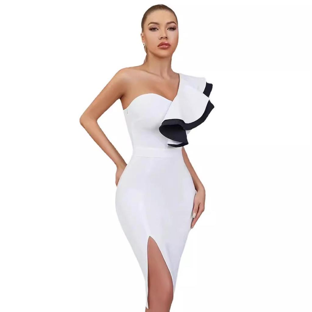 Color-Block One-Shoulder Ruffle Bandage Dress with Slit