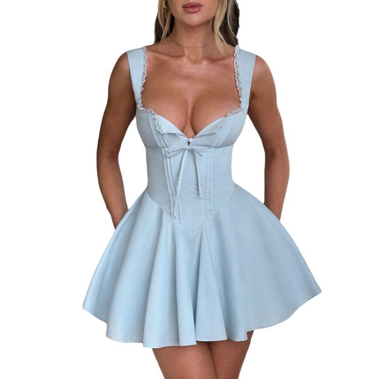 Tief ausgeschnittenes rückenfreies Mini-Korsettkleid für Damen mit Rüschensaum, ärmellos, A-Linie, Party-Club-Kleid