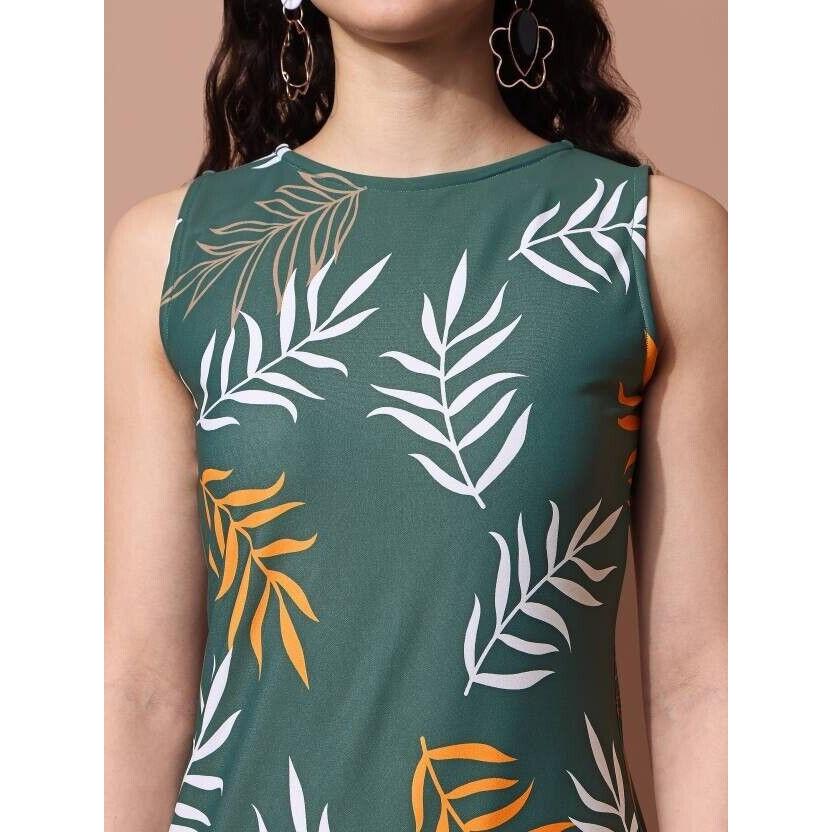 Women's Bodycon Green Dress Party Wear Floral Print Top Tunic Sleeveless Dress VF-1870a