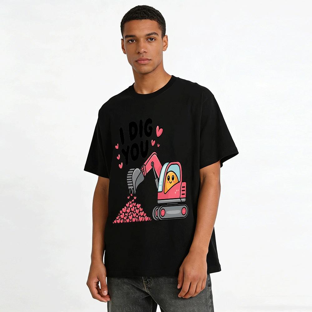I Dig You Heart Excavator Graphic Casual Tee For Adults Kids Pure cotton T-shirt