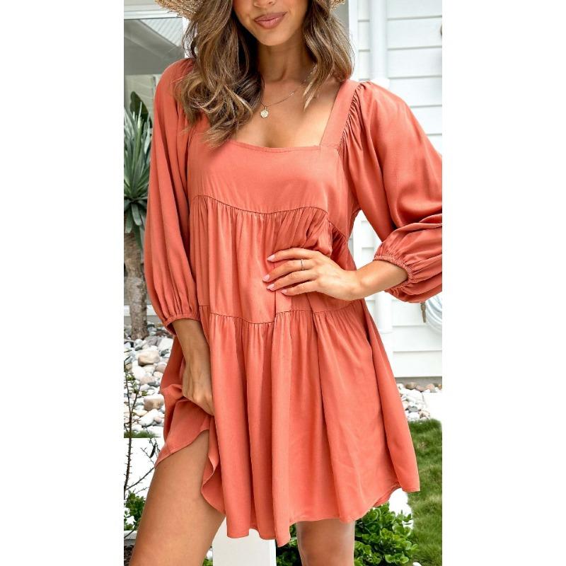 

Платье для женщин, свободное весенне-летнее платье с квадратным вырезом и рукавами-пузырьками, однотонное платье с открытой спиной XL оранжевый