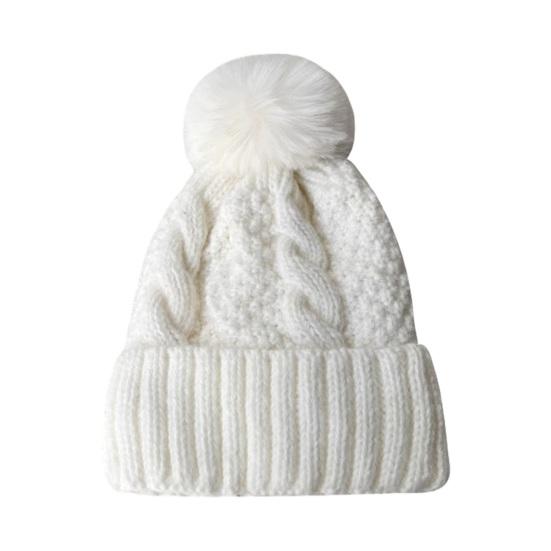 Women Fall Winter Hat Thickened Knitted Soft Elastic Warm Anti-slip Ear Protection Plush Ball Decor Twisted Pattern Outdoor Beanie Cap