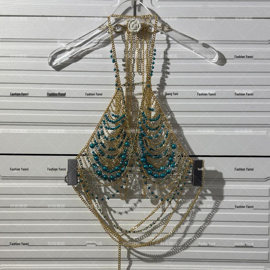 Yanni Fashion Backless Halter Pearl Beaded Corset Bra with Body Chain and Half Skirt