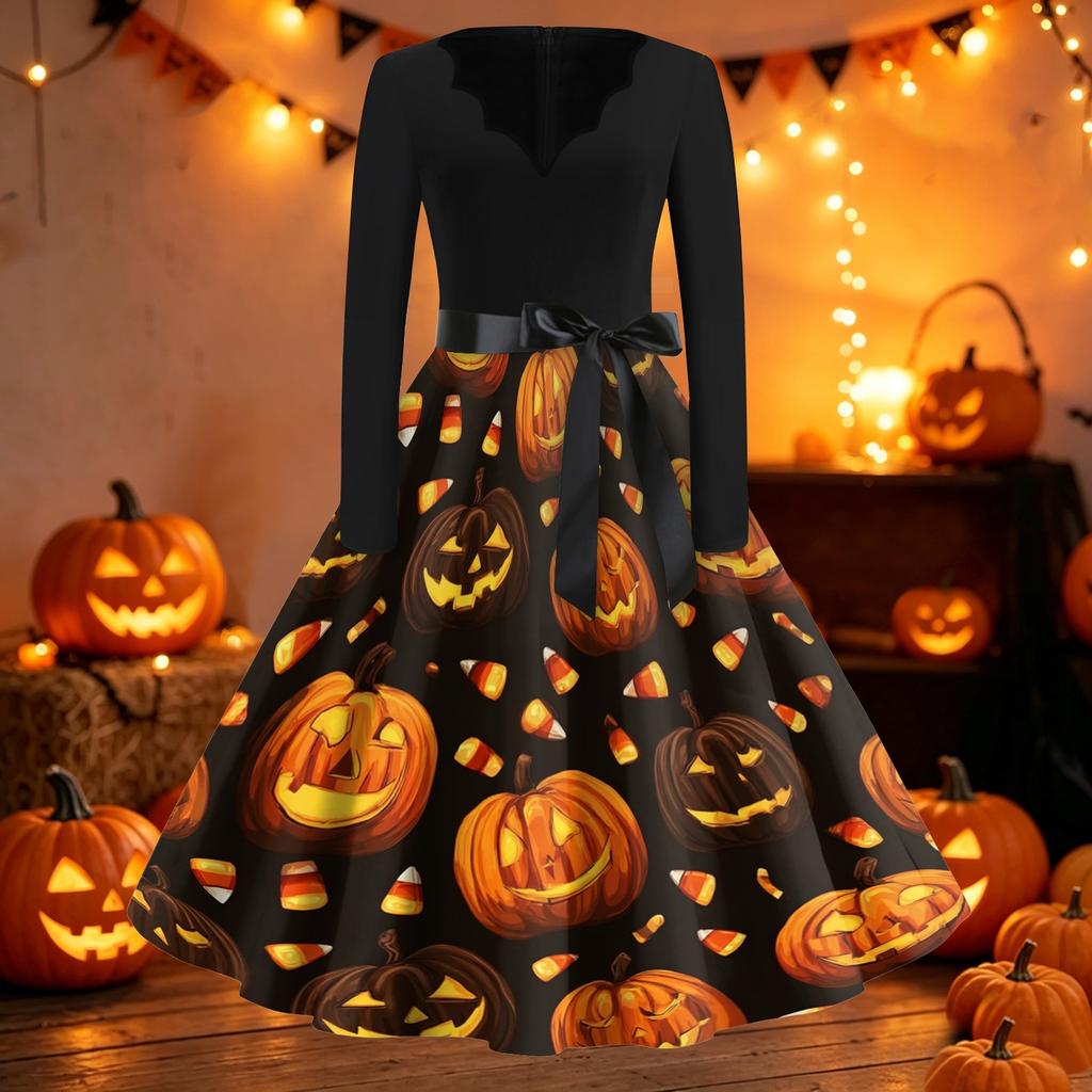 Women's Vintage Halloween Print V-Neck Dress, Long Sleeve Retro Party Outfit for Casual Party