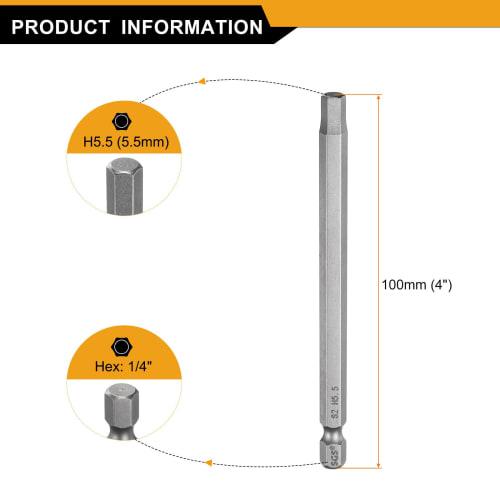 uxcell H5.5 Hex Bits, 5.5mm, 3-Piece Set, Hex Shank, Single-Head, Magnetic, for Electric Screwdrivers, 100mm Long, S2 Steel, for Electrical Constructi