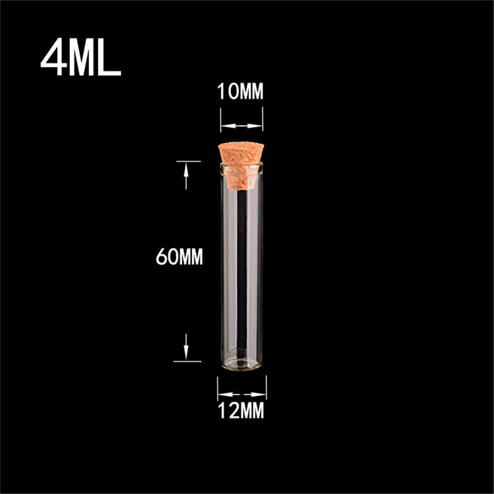 Diese Packung enthält 100 klare Glas-Reagenzgläser mit Korkstopfen, 4 ml Inhalt, Maße 12 x 60 mm.