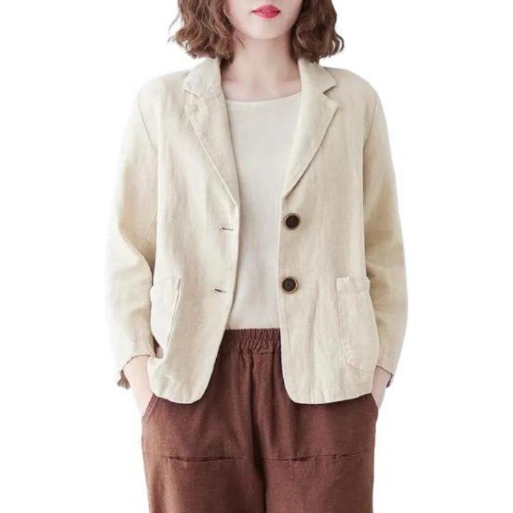 Women Vintage Casual Blazer Jacket Cotton Linen Coat Long Sleeve Lapel Thin Coat with Pockets 2 Buttons