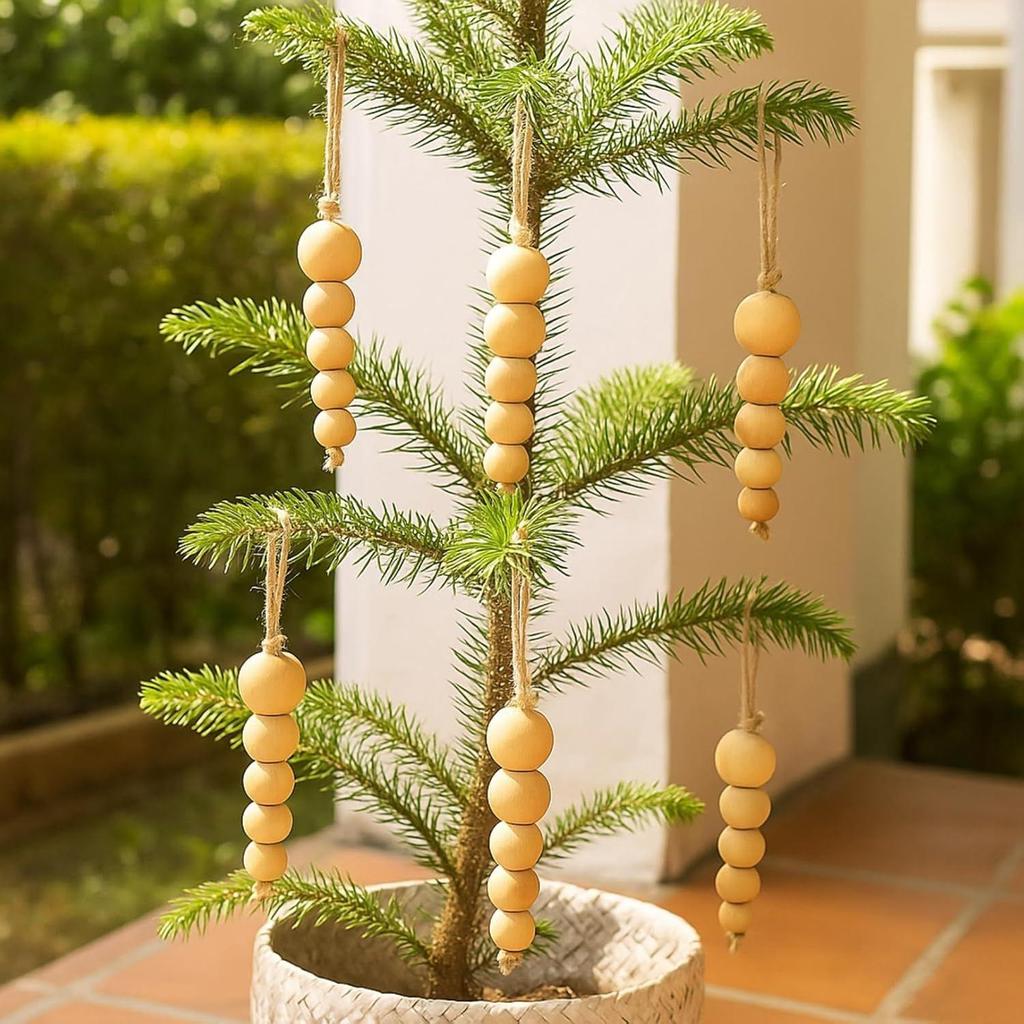 Pack of 5 Wood Bead Christmas Ornament for Decoration Natural Modern Minimalist Xmas Hanging Home Decor Bohemian Holiday Decorations