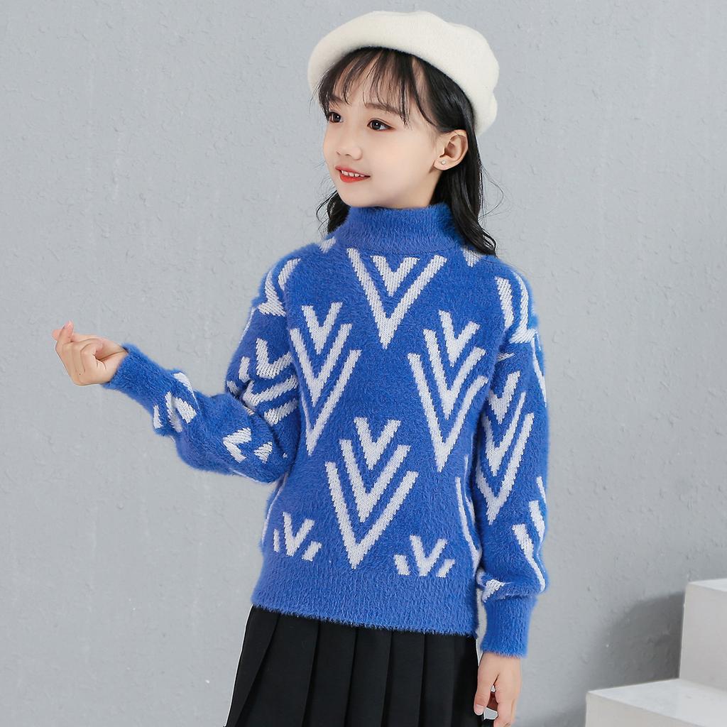 Girls' jacquard mink fur pullover sweater