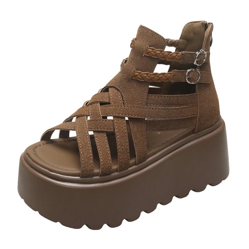 Móda 8CM Návrhářské Dámské Letní Kožené Sandály Otevřená Špička Platforma Klínky Tenisky Nové Dámské Ležérní Boty Plážové Sandálias Das Mulheres