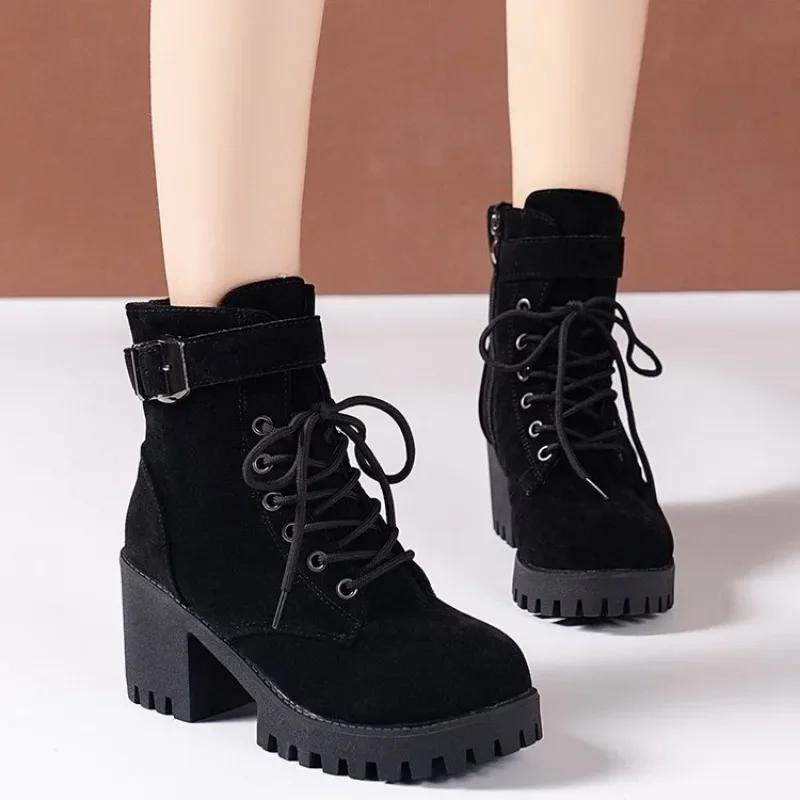 Winter  High Heeled Women Boots Cross Straps Short Boots Comfortable Waterproof Boots Warm Plus Size 42 Botas Femininas