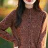 Women's Floral Wool Knit Cardigan - Semi-High Neck, Multi-Button Sweater for Autumn/Winter