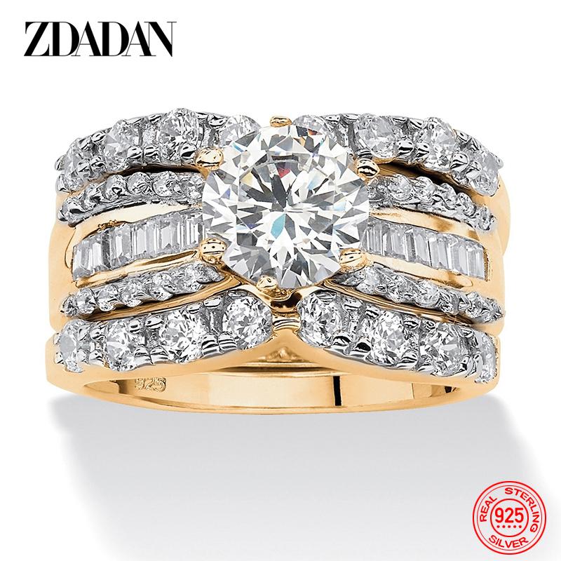 925 Sterling Silver 18K Gold 3pcs Geometric Zircon Rings for Women Jewelry Gift