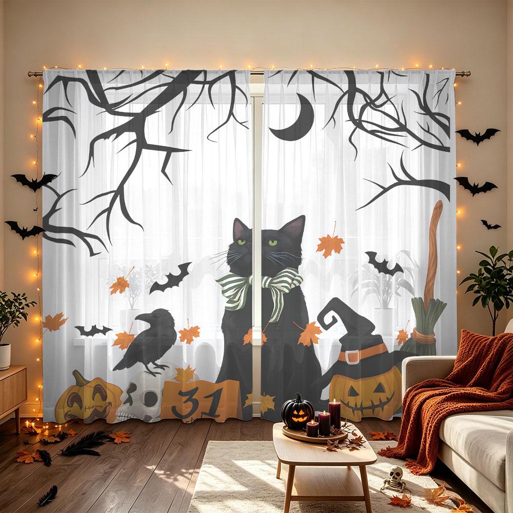 2Pcs Halloween Black Cat Bare Branch Pumpkin Bat Rod Pocket Curtains Double Panel Window Curtain Bedroom Living Room Hallowee