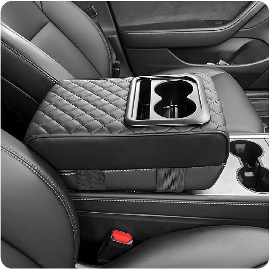 Car Center Console Armrest Pillow, 14"×8.3" Leather Memory Foam Armrest Cushion with Cup Holder & Phone Holder, Waterproof Middle Console Cover Box