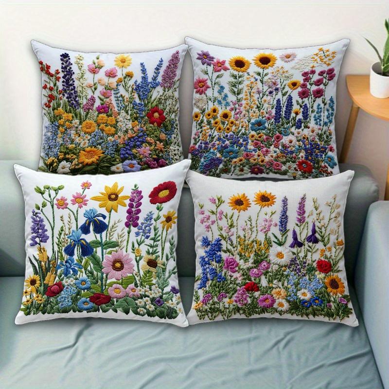 1/4pcs Floral Embroidered Pillowcases with Colorful Flowers Sofa Cushion Cover Home Bedroom Room Decoration