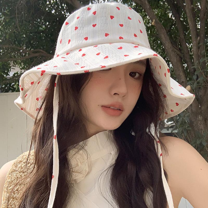 Sweet and cute love lace-up bucket hat women's summer big brim sunscreen basin hat show face small hat