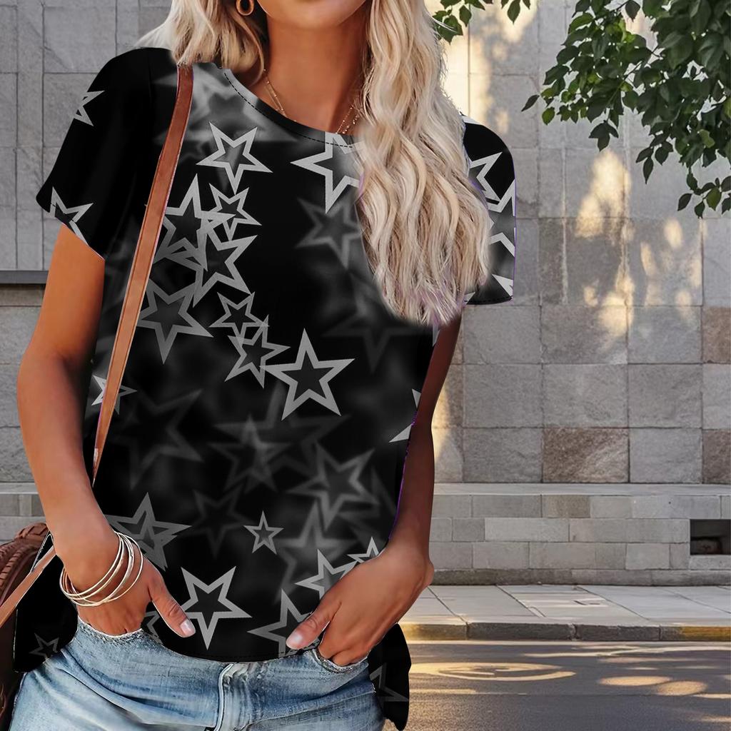 Women Summer T Shirt Star Print Retro Fashion Short Sleeve Tees Casual   Printed  Tops