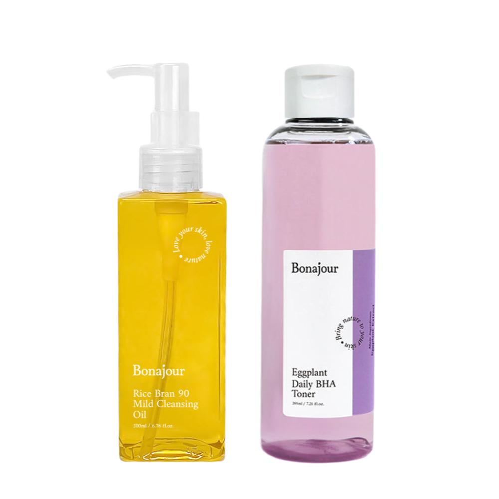 Bonajour Pore Care 2pcs Skincare Set Rice Bran 90 Cleansing Oil 200ml + Eggplant BHA Toner 205ml Deep Cleansing Blackhead Removal Sebum Control