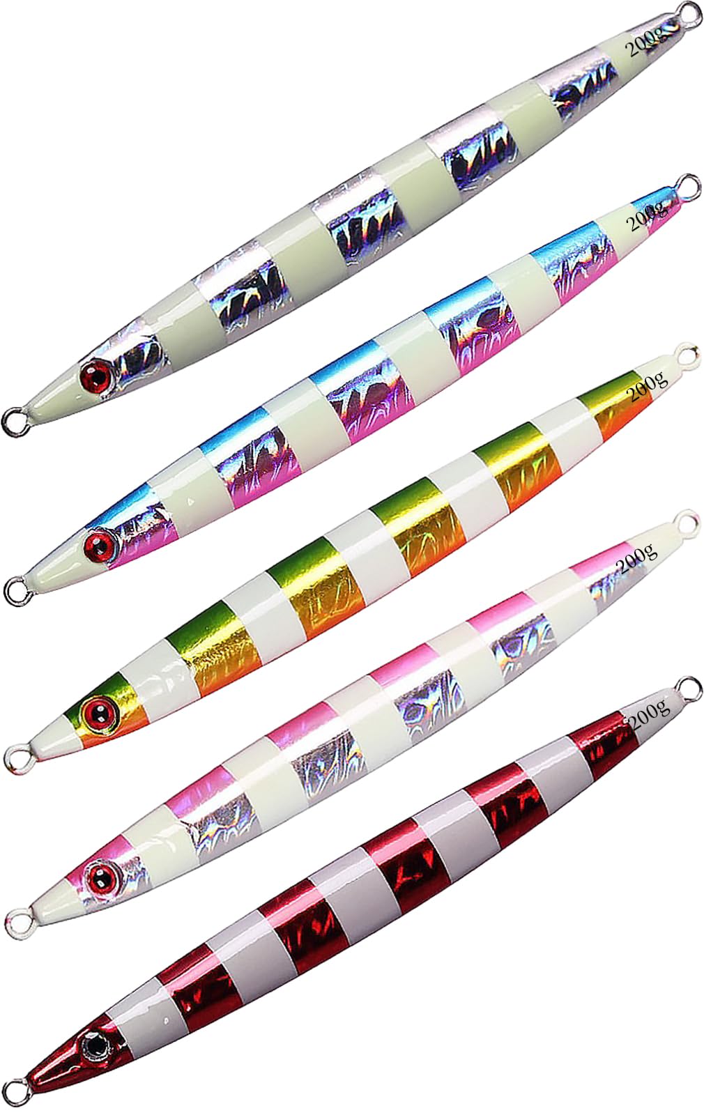 

Deep Sea Fishing Long Metal Jig Lure with 3D Laser Set of Blue Silver UB-Lab. Coating, 200g, 5, Colors Red, Pink, Pink, Gold,