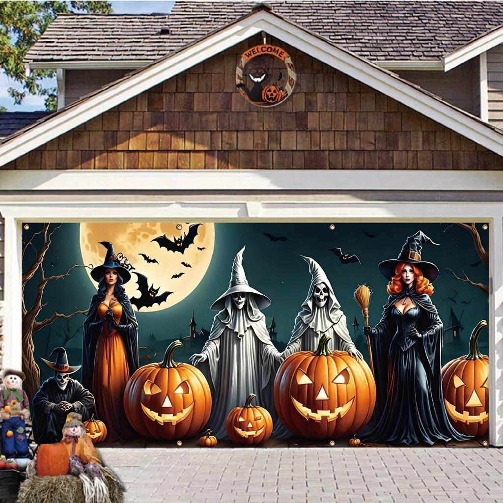 Halloween Garage Banner - - - Fantasy Witch and Skeleton Patterns, Bright Polyester Material, Outdoor Wall Decoration