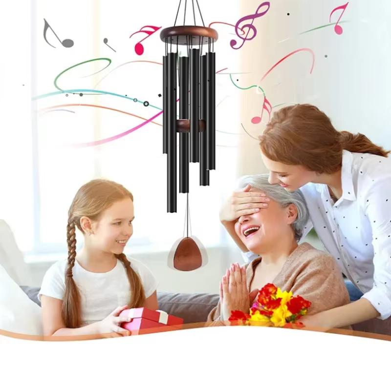 26/37Inch Memorial Wind Chimes,1Pc 6 Tubes Aluminum Alloy Wind Chimes with Hook Black Bells for Outside Home Garden Decor