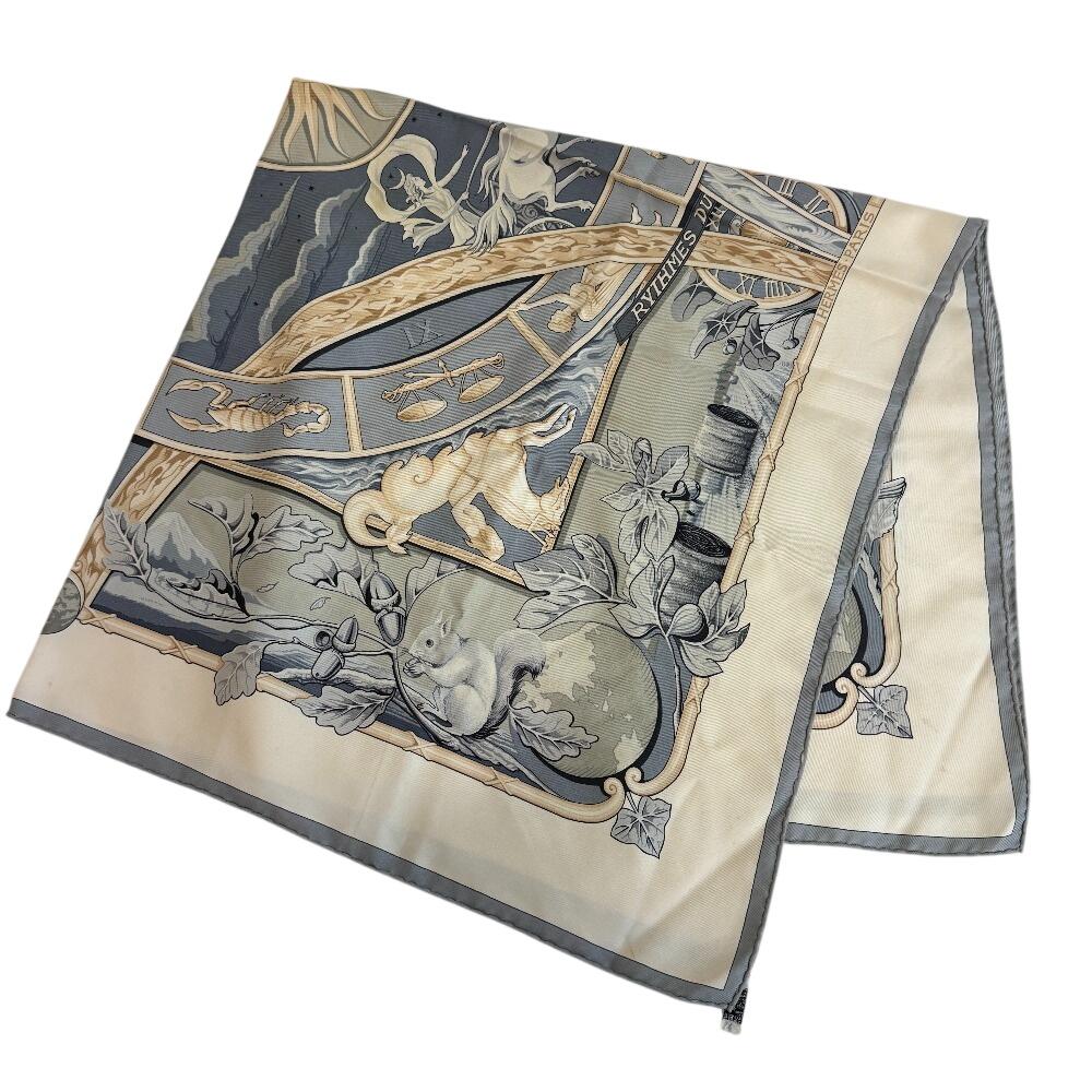HERMES World rhythm silk Calle 90 scarf blue silk Used