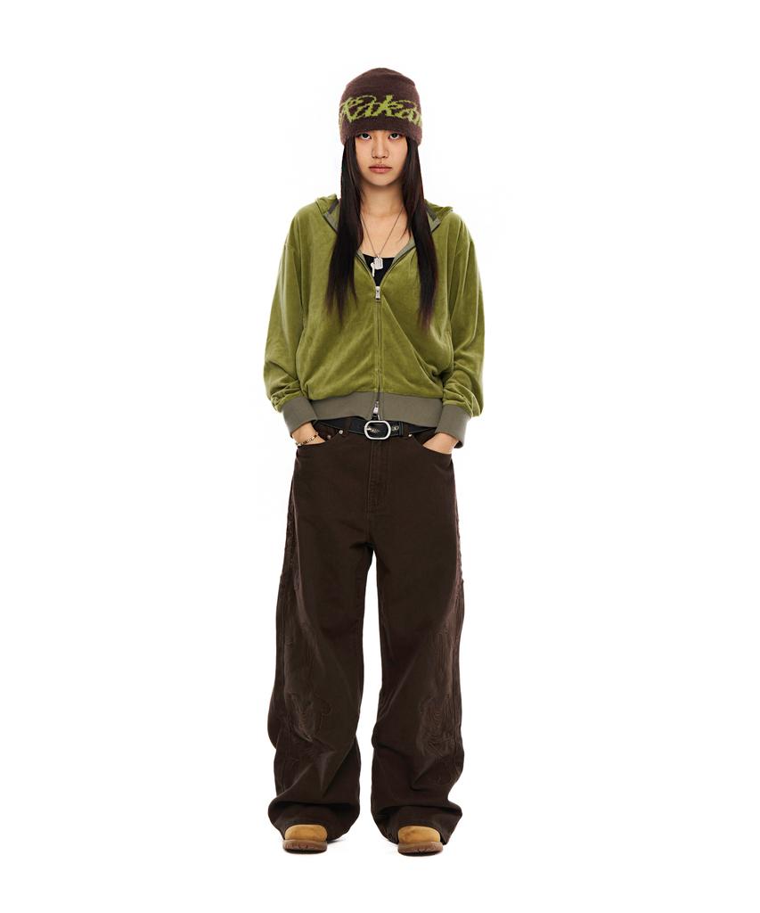 Aakam Rhinestone Velor Zip-Up Hoodie (Green)
