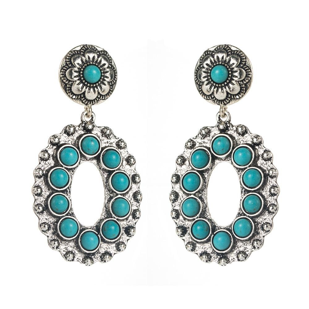 Retro Heavy-duty Hollowed-out Flower Turquoise Earrings for Women - Creative, Exaggerated, High-end Ear Jewelry.